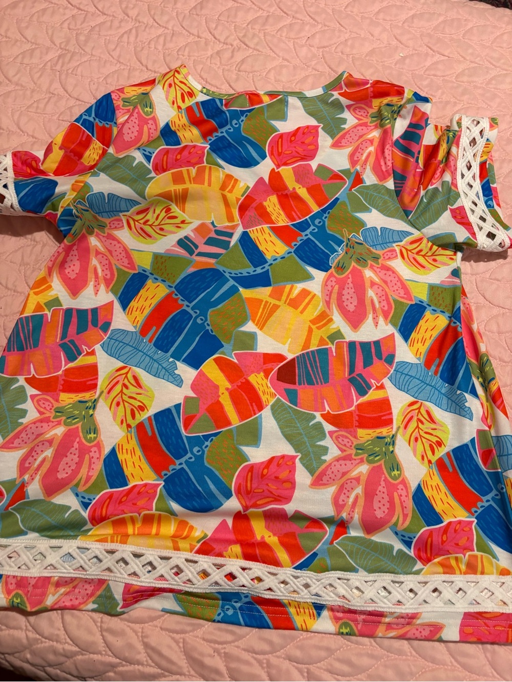 Women Floral Tropical Print Shirt with Lace Trim - Multicolor